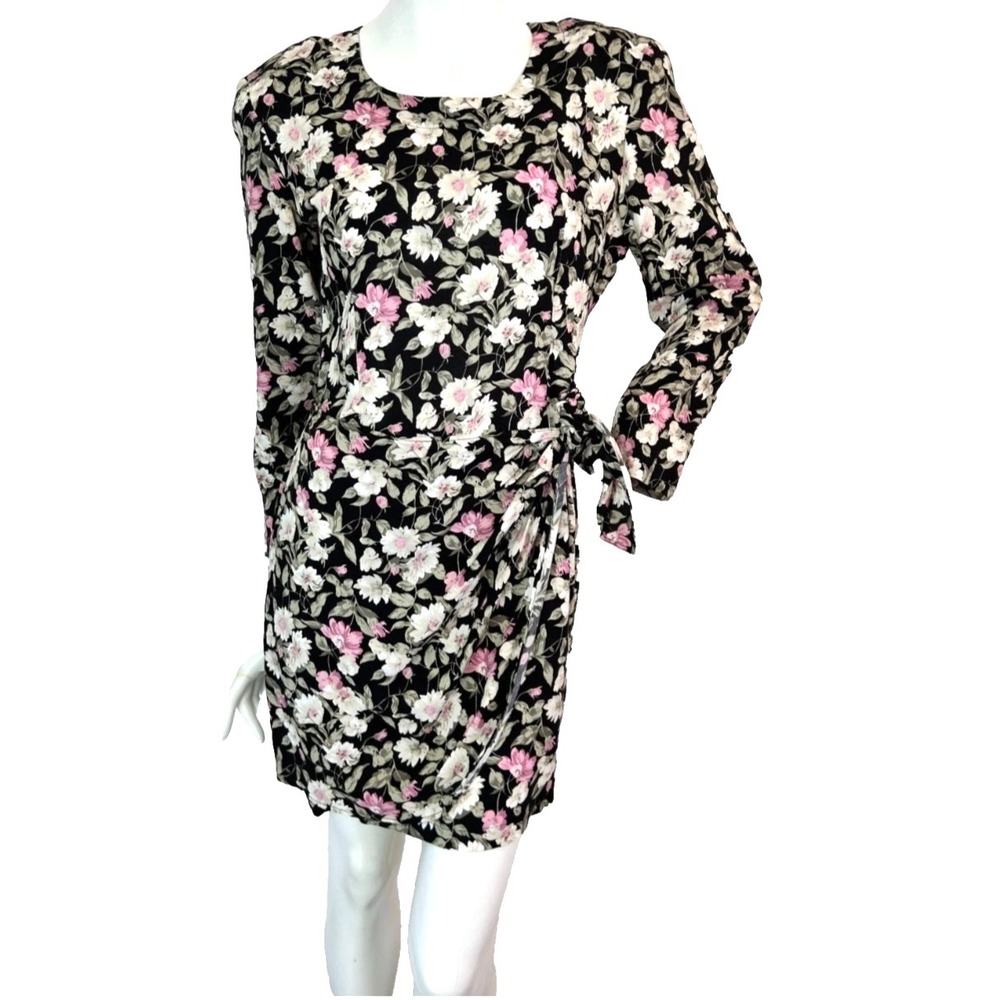 90s Y2k Rampage Floral Wrap Dress Size Small Black Mini Rayon Zip Long Sleeve